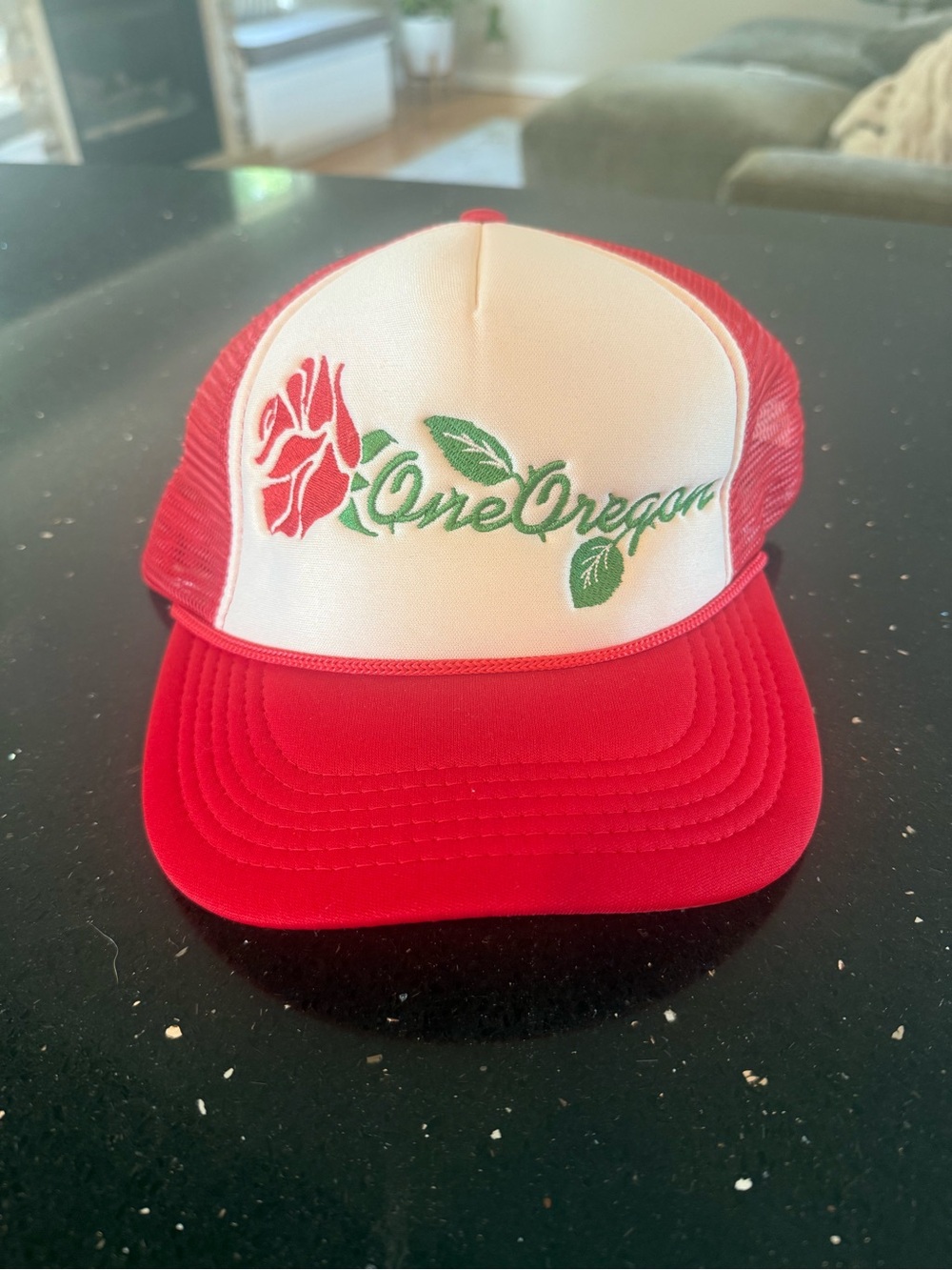 One Oregon Red and White Trucker Hat with Rose Embroidery